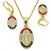 Oro Laminado Earring and Pendant Adult Set, Gold Filled Style Guadalupe Design, with Multicolor Crystal, Polished, Golden Finish, 10.351.0001