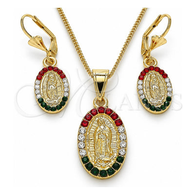 Oro Laminado Earring and Pendant Adult Set, Gold Filled Style Guadalupe Design, with Multicolor Crystal, Polished, Golden Finish, 10.351.0001