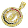 Oro Laminado Religious Pendant, Gold Filled Style Guadalupe and Greek Key Design, with Multicolor Crystal, Polished, Golden Finish, 05.351.0001