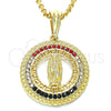 Oro Laminado Religious Pendant, Gold Filled Style Guadalupe and Greek Key Design, with Multicolor Crystal, Polished, Golden Finish, 05.351.0001