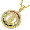 Oro Laminado Religious Pendant, Gold Filled Style Guadalupe and Greek Key Design, with Multicolor Crystal, Polished, Golden Finish, 05.351.0001