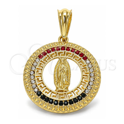 Oro Laminado Religious Pendant, Gold Filled Style Guadalupe and Greek Key Design, with Multicolor Crystal, Polished, Golden Finish, 05.351.0001