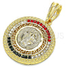 Oro Laminado Religious Pendant, Gold Filled Style San Benito and Greek Key Design, with Orange Crystal, Polished, Golden Finish, 05.351.0002