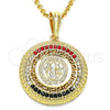 Oro Laminado Religious Pendant, Gold Filled Style San Benito and Greek Key Design, with Orange Crystal, Polished, Golden Finish, 05.351.0002
