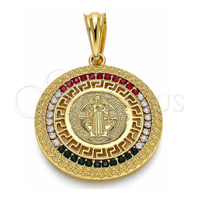 Oro Laminado Religious Pendant, Gold Filled Style San Benito and Greek Key Design, with Orange Crystal, Polished, Golden Finish, 05.351.0002