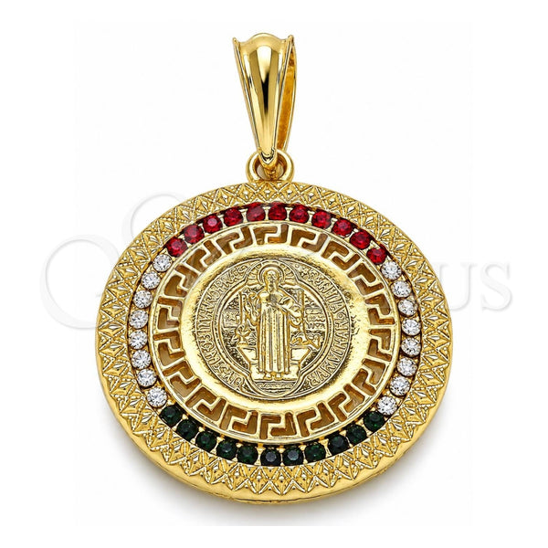 Oro Laminado Religious Pendant, Gold Filled Style San Benito and Greek Key Design, with Orange Crystal, Polished, Golden Finish, 05.351.0002