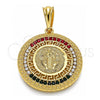 Oro Laminado Religious Pendant, Gold Filled Style San Benito and Greek Key Design, with Orange Crystal, Polished, Golden Finish, 05.351.0002