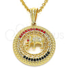 Oro Laminado Fancy Pendant, Gold Filled Style Elephant and Greek Key Design, with Multicolor Crystal, Polished, Golden Finish, 05.351.0004