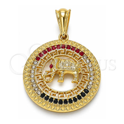 Oro Laminado Fancy Pendant, Gold Filled Style Elephant and Greek Key Design, with Multicolor Crystal, Polished, Golden Finish, 05.351.0004