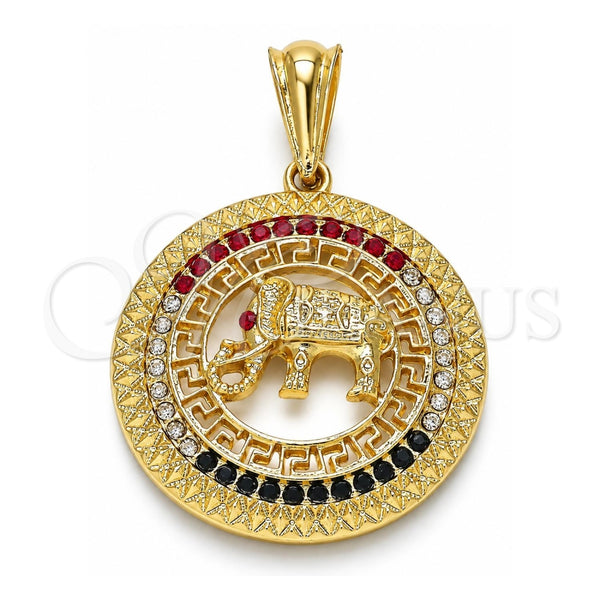 Oro Laminado Fancy Pendant, Gold Filled Style Elephant and Greek Key Design, with Multicolor Crystal, Polished, Golden Finish, 05.351.0004