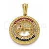 Oro Laminado Fancy Pendant, Gold Filled Style Elephant and Greek Key Design, with Multicolor Crystal, Polished, Golden Finish, 05.351.0004