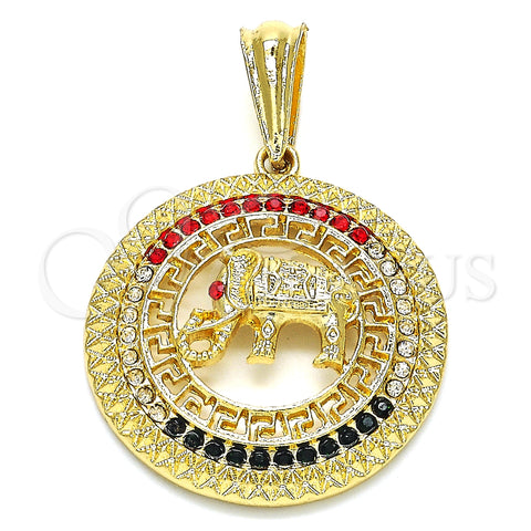 Oro Laminado Fancy Pendant, Gold Filled Style Elephant and Greek Key Design, with Multicolor Crystal, Polished, Golden Finish, 05.351.0004
