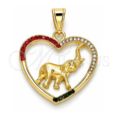 Oro Laminado Fancy Pendant, Gold Filled Style Heart and Elephant Design, with Multicolor Crystal, Polished, Golden Finish, 05.351.0006