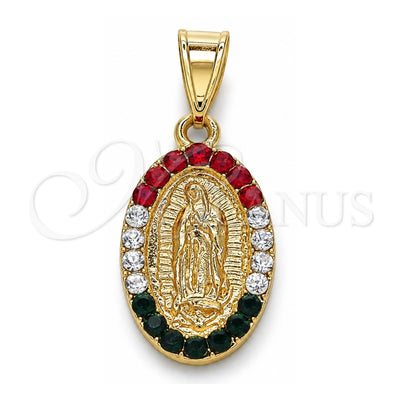 Oro Laminado Religious Pendant, Gold Filled Style Guadalupe Design, with Multicolor Crystal, Polished, Golden Finish, 05.351.0009