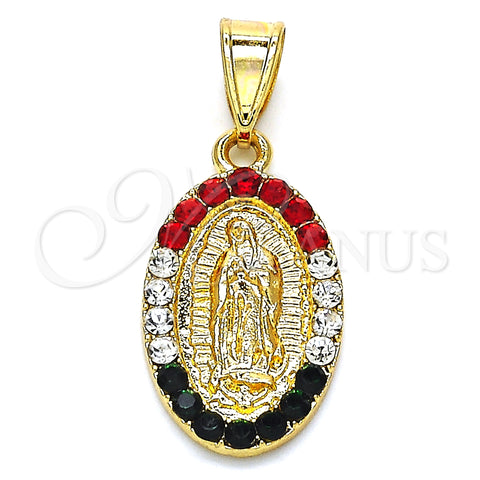 Oro Laminado Religious Pendant, Gold Filled Style Guadalupe Design, with Multicolor Crystal, Polished, Golden Finish, 05.351.0009