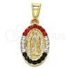 Oro Laminado Religious Pendant, Gold Filled Style Guadalupe Design, with Multicolor Crystal, Polished, Golden Finish, 05.351.0009