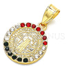 Oro Laminado Religious Pendant, Gold Filled Style San Benito Design, with Multicolor Crystal, Polished, Golden Finish, 05.351.0010