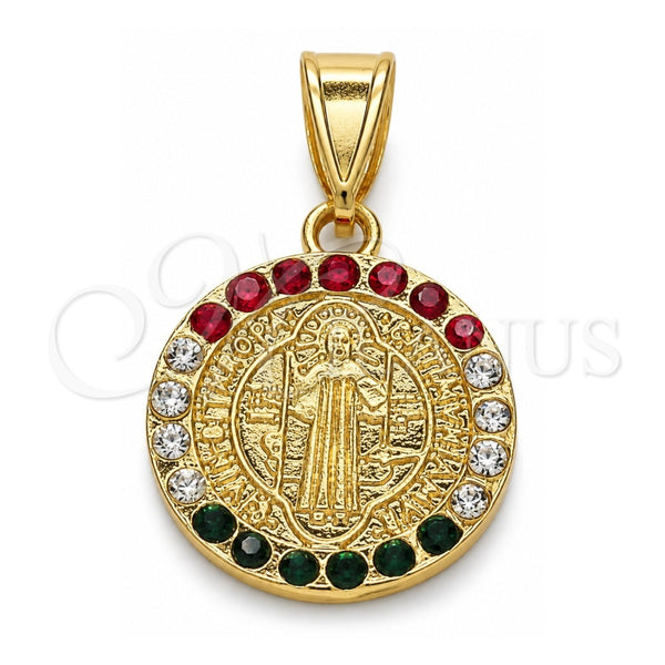 Oro Laminado Religious Pendant, Gold Filled Style San Benito Design, with Multicolor Crystal, Polished, Golden Finish, 05.351.0010