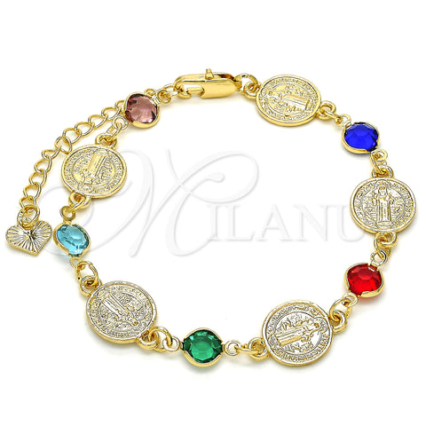 Oro Laminado Fancy Bracelet, Gold Filled Style San Benito Design, with Multicolor Crystal, Polished, Golden Finish, 03.351.0001.07 (11 MM Thickness, 7 Inches Length)