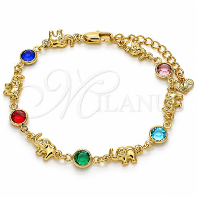 Oro Laminado Fancy Bracelet, Gold Filled Style Elephant Design, with Multicolor Crystal, Polished, Golden Finish, 03.351.0002.07 (07 MM Thickness, 7 Inches Length)
