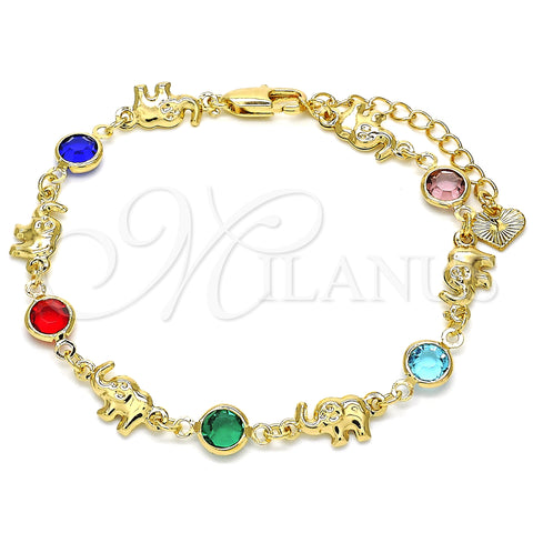Oro Laminado Fancy Bracelet, Gold Filled Style Elephant Design, with Multicolor Crystal, Polished, Golden Finish, 03.351.0002.07 (07 MM Thickness, 7 Inches Length)