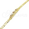 Oro Laminado ID Bracelet, Gold Filled Style Elephant Design, with Garnet and White Crystal, Polished, Golden Finish, 03.351.0004.07 (05 MM Thickness, 7 Inches Length)