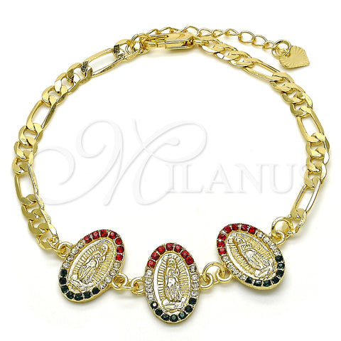Oro Laminado Fancy Bracelet, Gold Filled Style Guadalupe Design, with Multicolor Crystal, Polished, Golden Finish, 03.351.0007.1.08 (05 MM Thickness, 8 Inches Length)