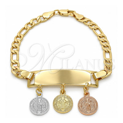 Oro Laminado Charm Bracelet, Gold Filled Style San Benito Design, Polished, Tricolor, 03.351.0011.08 (05 MM Thickness, 8 Inches Length)