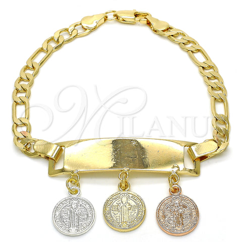 Oro Laminado Charm Bracelet, Gold Filled Style San Benito Design, Polished, Tricolor, 03.351.0011.08 (05 MM Thickness, 8 Inches Length)