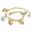 Oro Laminado Charm Bracelet, Gold Filled Style Elephant Design, Polished, Tricolor, 03.351.0013.07 (05 MM Thickness, 7 Inches Length)