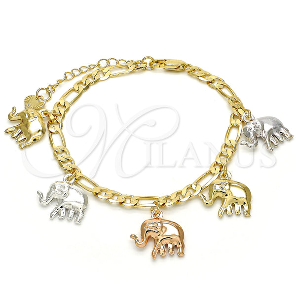 Gold Filled Bracelet — Charm Bracelet Elephant Design Polished Tricolor 03. 05 — main product view — SKU 127777 | Oro Laminado brazalete — Charm Bracelet Elephant diseño pulido Tricolor 03. 05 — SKU 127777