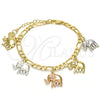 Oro Laminado Charm Bracelet, Gold Filled Style Elephant Design, Polished, Tricolor, 03.351.0013.07 (05 MM Thickness, 7 Inches Length)