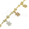 Oro Laminado Charm Bracelet, Gold Filled Style Turtle and Cross Design, Polished, Tricolor, 03.351.0016.07 (07 MM Thickness, 7 Inches Length)