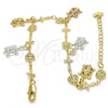 Oro Laminado Charm Bracelet, Gold Filled Style Turtle and Cross Design, Polished, Tricolor, 03.351.0016.07 (07 MM Thickness, 7 Inches Length)