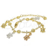 Oro Laminado Charm Bracelet, Gold Filled Style Turtle and Cross Design, Polished, Tricolor, 03.351.0016.07 (07 MM Thickness, 7 Inches Length)