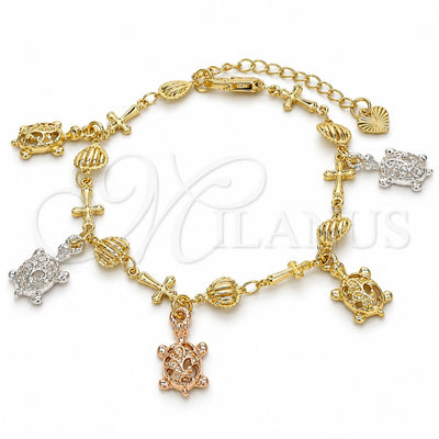Oro Laminado Charm Bracelet, Gold Filled Style Turtle and Cross Design, Polished, Tricolor, 03.351.0016.07 (07 MM Thickness, 7 Inches Length)