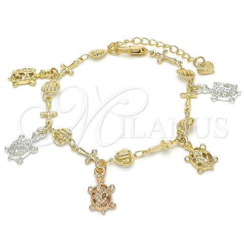 Oro Laminado Charm Bracelet, Gold Filled Style Turtle and Cross Design, Polished, Tricolor, 03.351.0016.07 (07 MM Thickness, 7 Inches Length)