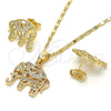 Oro Laminado Earring and Pendant Adult Set, Gold Filled Style Elephant Design, with White Cubic Zirconia, Polished, Golden Finish, 10.316.0020