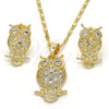 Oro Laminado Earring and Pendant Adult Set, Gold Filled Style Owl Design, with White Cubic Zirconia, Polished, Golden Finish, 10.316.0021