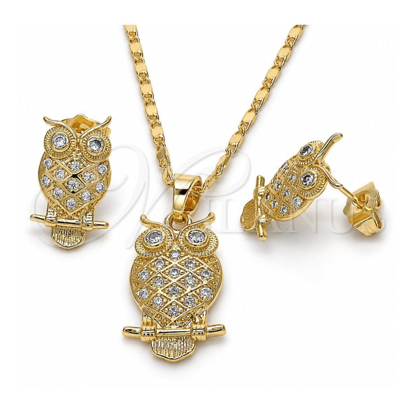 Oro Laminado Earring and Pendant Adult Set, Gold Filled Style Owl Design, with White Cubic Zirconia, Polished, Golden Finish, 10.316.0021
