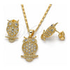 Oro Laminado Earring and Pendant Adult Set, Gold Filled Style Owl Design, with White Cubic Zirconia, Polished, Golden Finish, 10.316.0021