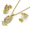 Oro Laminado Earring and Pendant Adult Set, Gold Filled Style Owl Design, with Multicolor Cubic Zirconia, Polished, Golden Finish, 10.316.0021.1