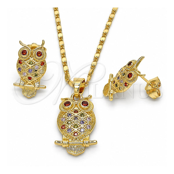 Oro Laminado Earring and Pendant Adult Set, Gold Filled Style Owl Design, with Multicolor Cubic Zirconia, Polished, Golden Finish, 10.316.0021.1