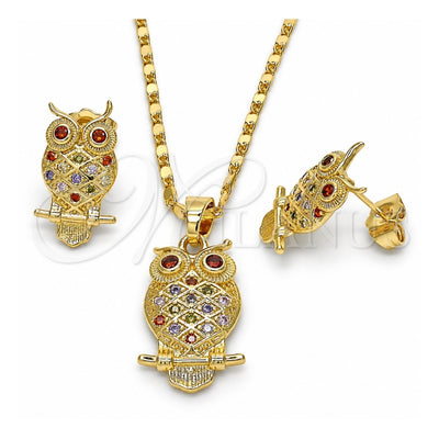 Oro Laminado Earring and Pendant Adult Set, Gold Filled Style Owl Design, with Multicolor Cubic Zirconia, Polished, Golden Finish, 10.316.0021.1