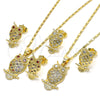 Oro Laminado Earring and Pendant Adult Set, Gold Filled Style Owl Design, with Multicolor Cubic Zirconia, Polished, Golden Finish, 10.316.0021.1