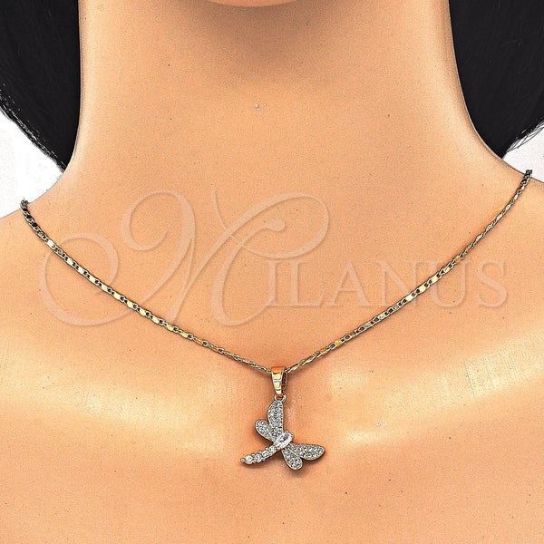 Oro Laminado Earring and Pendant Adult Set, Gold Filled Style Dragon-Fly Design, with White Cubic Zirconia, Polished, Golden Finish, 10.316.0034