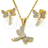 Oro Laminado Earring and Pendant Adult Set, Gold Filled Style Dragon-Fly Design, with White Cubic Zirconia, Polished, Golden Finish, 10.316.0034