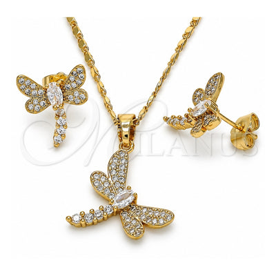 Oro Laminado Earring and Pendant Adult Set, Gold Filled Style Dragon-Fly Design, with White Cubic Zirconia, Polished, Golden Finish, 10.316.0034