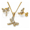 Oro Laminado Earring and Pendant Adult Set, Gold Filled Style Dragon-Fly Design, with White Cubic Zirconia, Polished, Golden Finish, 10.316.0034