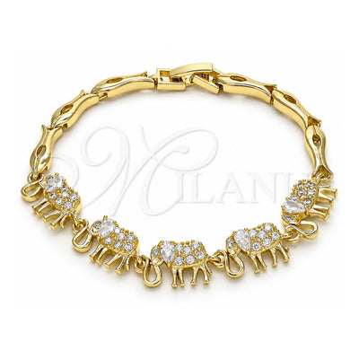 Oro Laminado Fancy Bracelet, Gold Filled Style Elephant and Fish Design, with White Micro Pave, Polished, Golden Finish, 03.316.0031.07 (05 MM Thickness, 7 Inches Length)